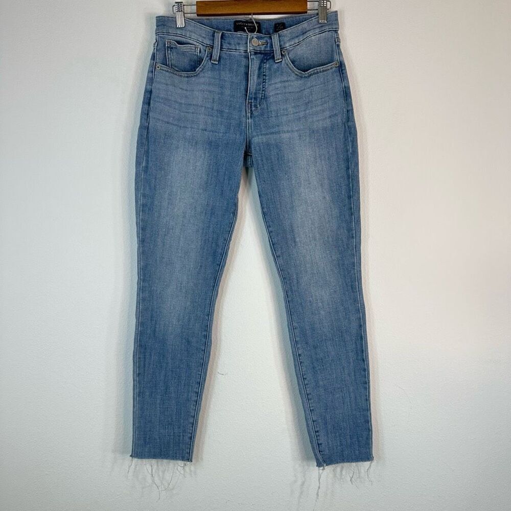 Lucky Brand Ava Mid Rise Super Skinny Jeans Womens 8 Whiskered Blue Wash Raw Hem